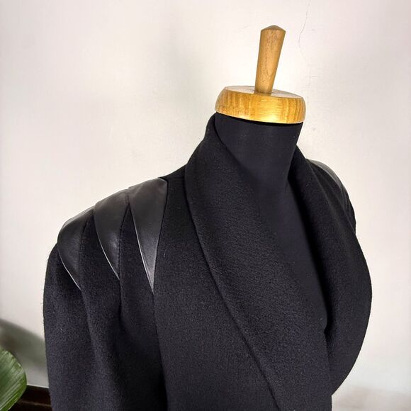 Vintage Jofeld 80s Double Breasted Black Wool & Leather Trench Coat USA ILGWU - Picture 6 of 14